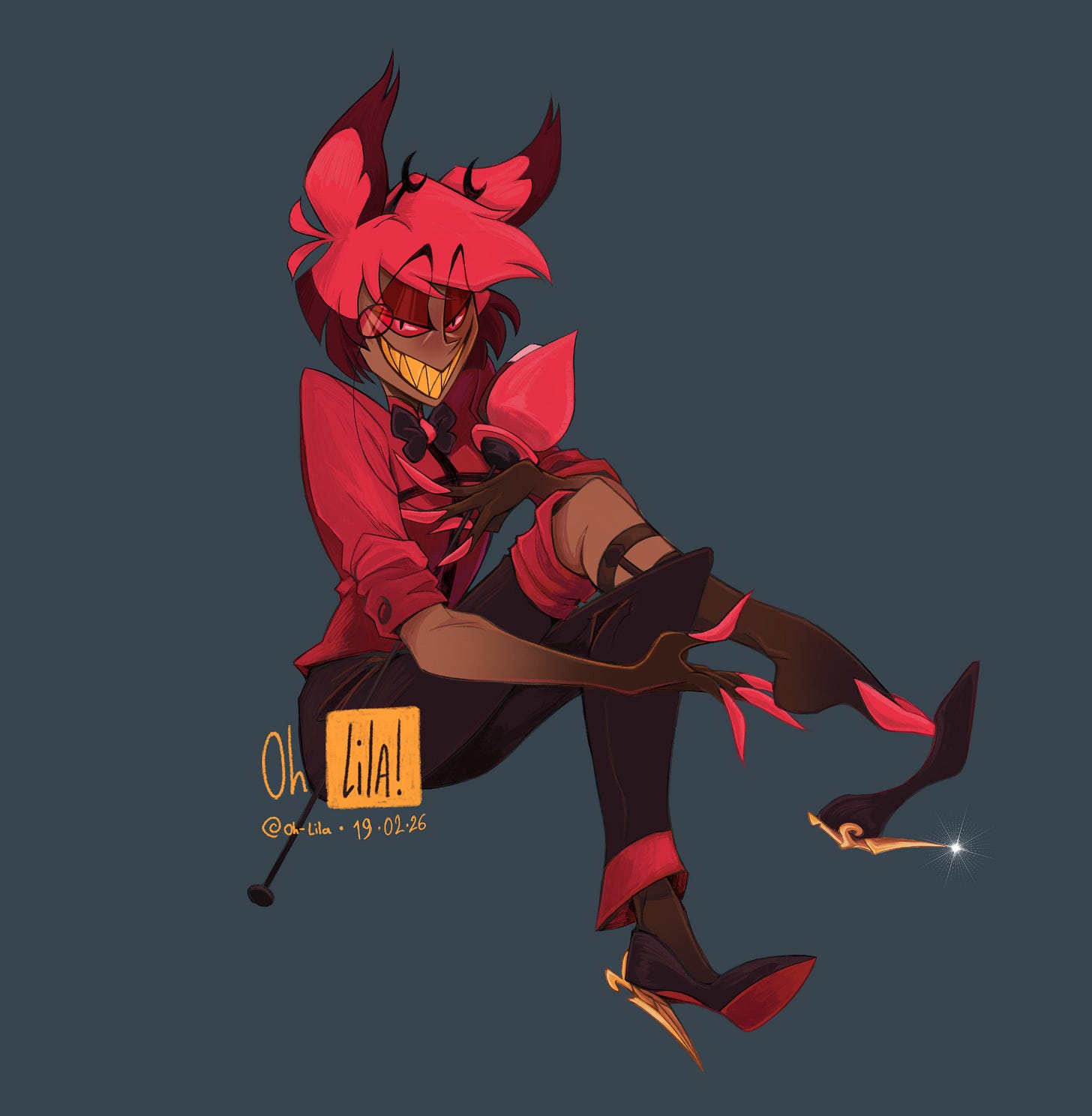 Alastor from Hazbin Hotel, sitting primly with a hand on his chest holding his mic. He has his usual (flirty) smile and with his other hand is showing one of his foot that his gently brushing from the tip of his claws. At the feet, a heel is barely holding at the end of his hoves. The heel in itself is a golden knife. The rest of the inside of the shoe is blood red. On this leg (crossed over the other), the pant is pulled up, showing a sock garter. He doesn't have his coat, and his sleeves are rolled up, showing off his forearms. He looks like an absolute tease.