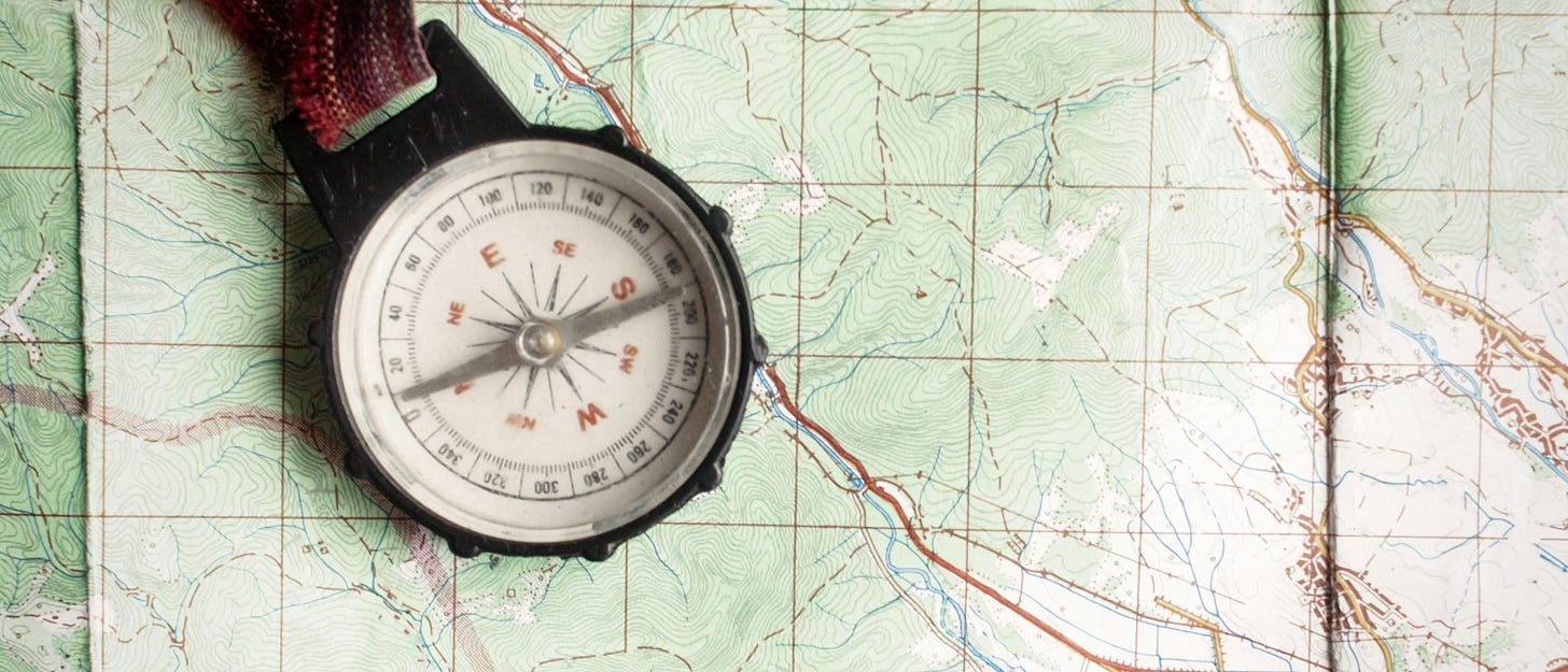 compass laying on a topographic map