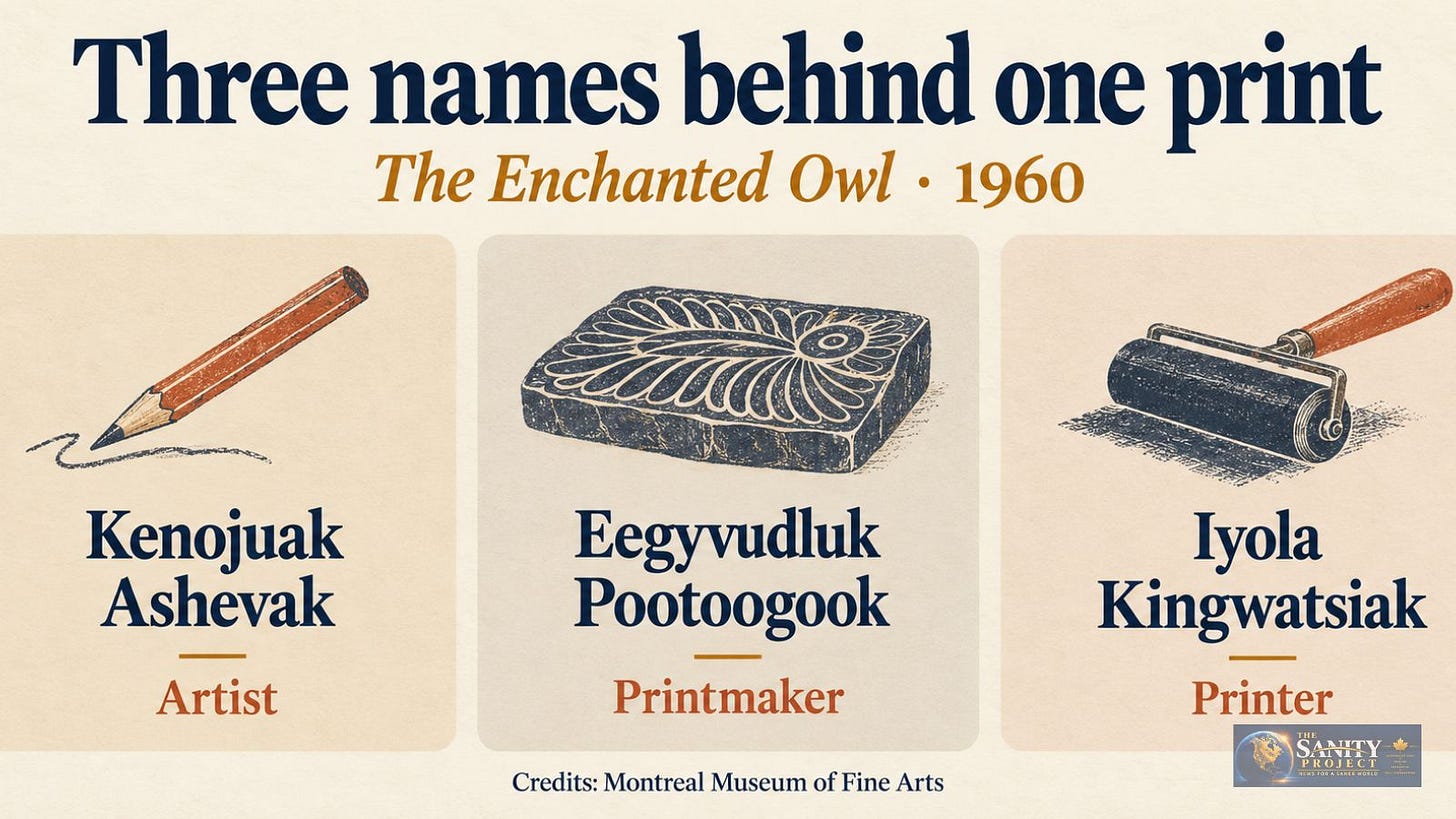 Credits for The Enchanted Owl: Kenojuak Ashevak, artist; Eegyvudluk Pootoogook, printmaker; Iyola Kingwatsiak, printer. Credits for The Enchanted Owl: Kenojuak Ashevak, artist; Eegyvudluk Pootoogook, printmaker; Iyola Kingwatsiak, printer.