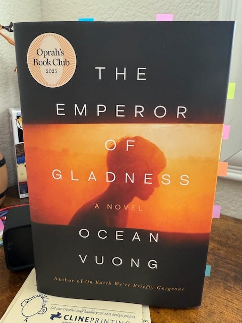Hardcover book standing upright. 