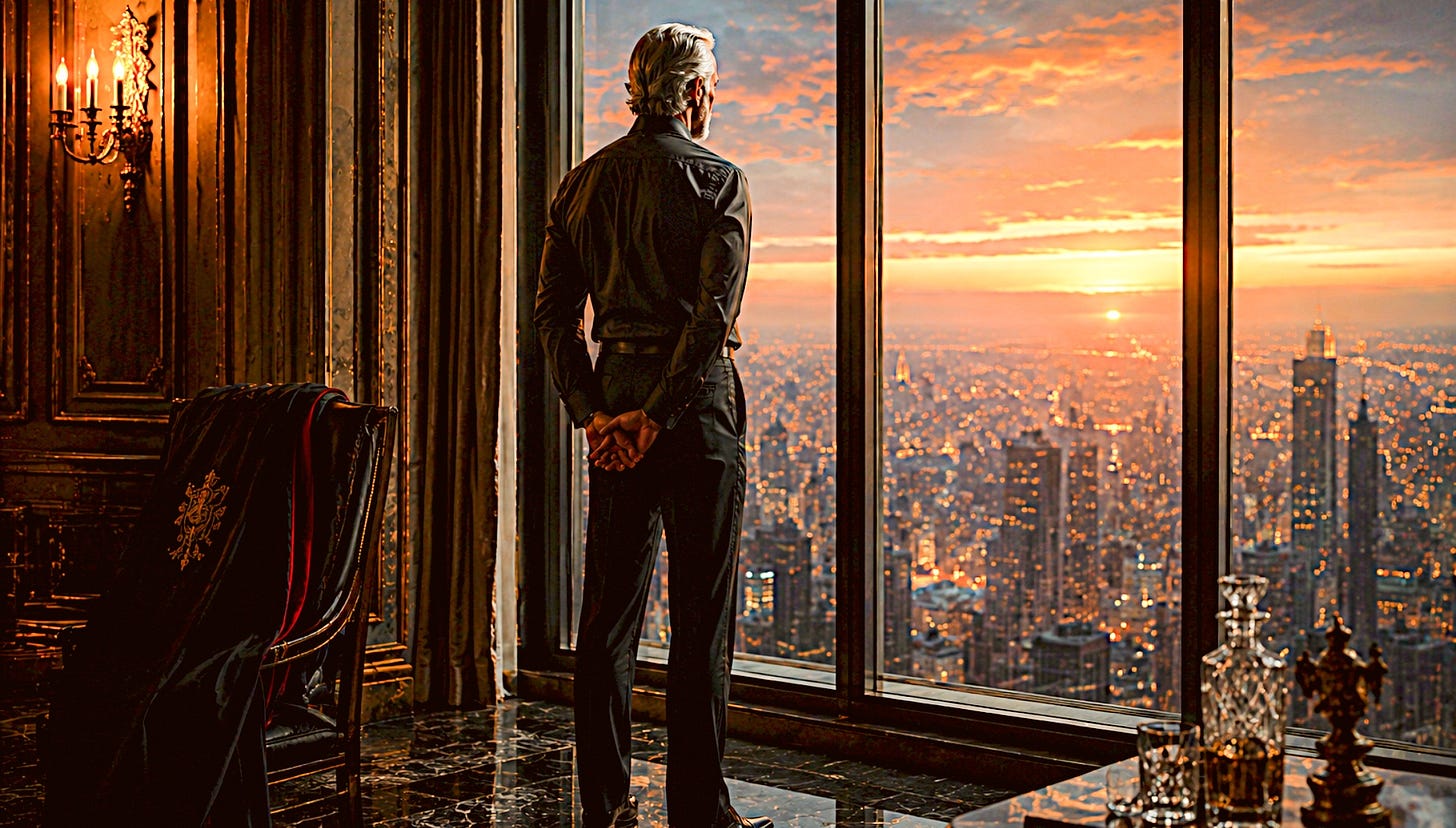 A silver-haired man stands alone before towering windows in a dark, elegant palace suite overlooking a city at dawn. His formal black coat rests over a nearby chair while orange sunlight breaks across the horizon, illuminating polished stone floors and emphasizing the solitude of the room.