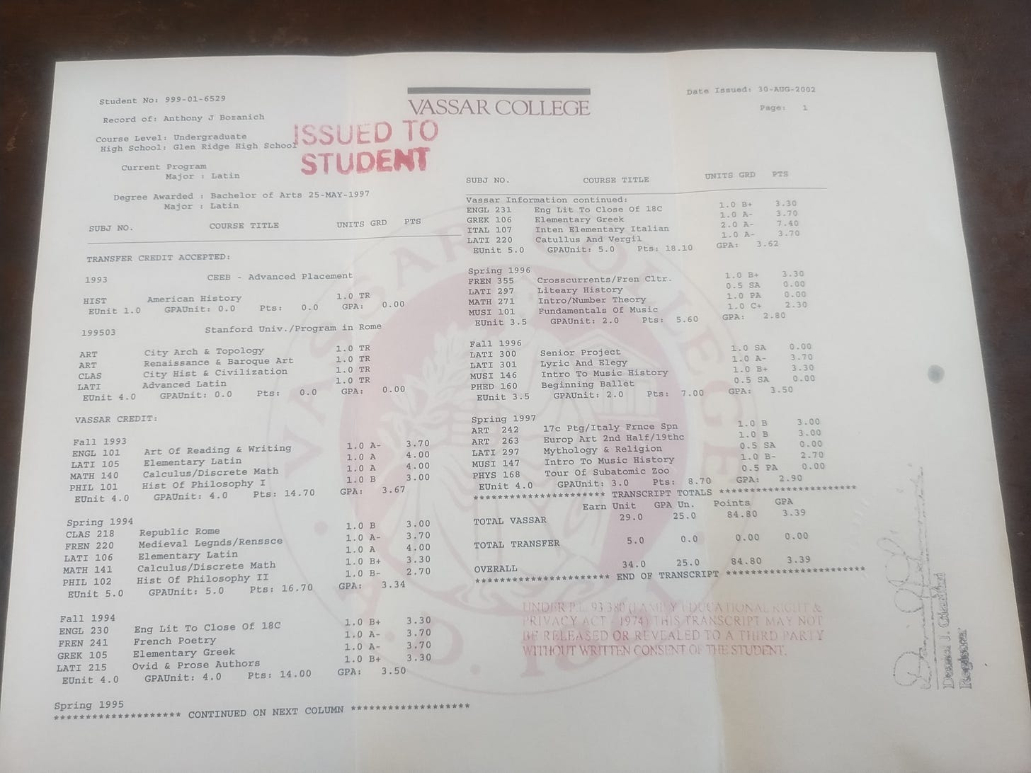 My college transcript, front.