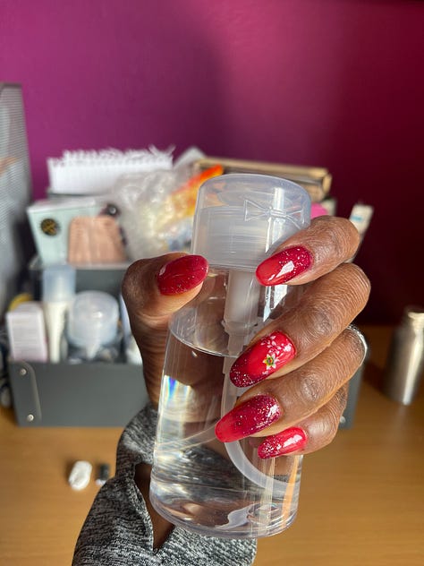 9 photos of my attempt at gel nail designs April 2024 to July 2024
