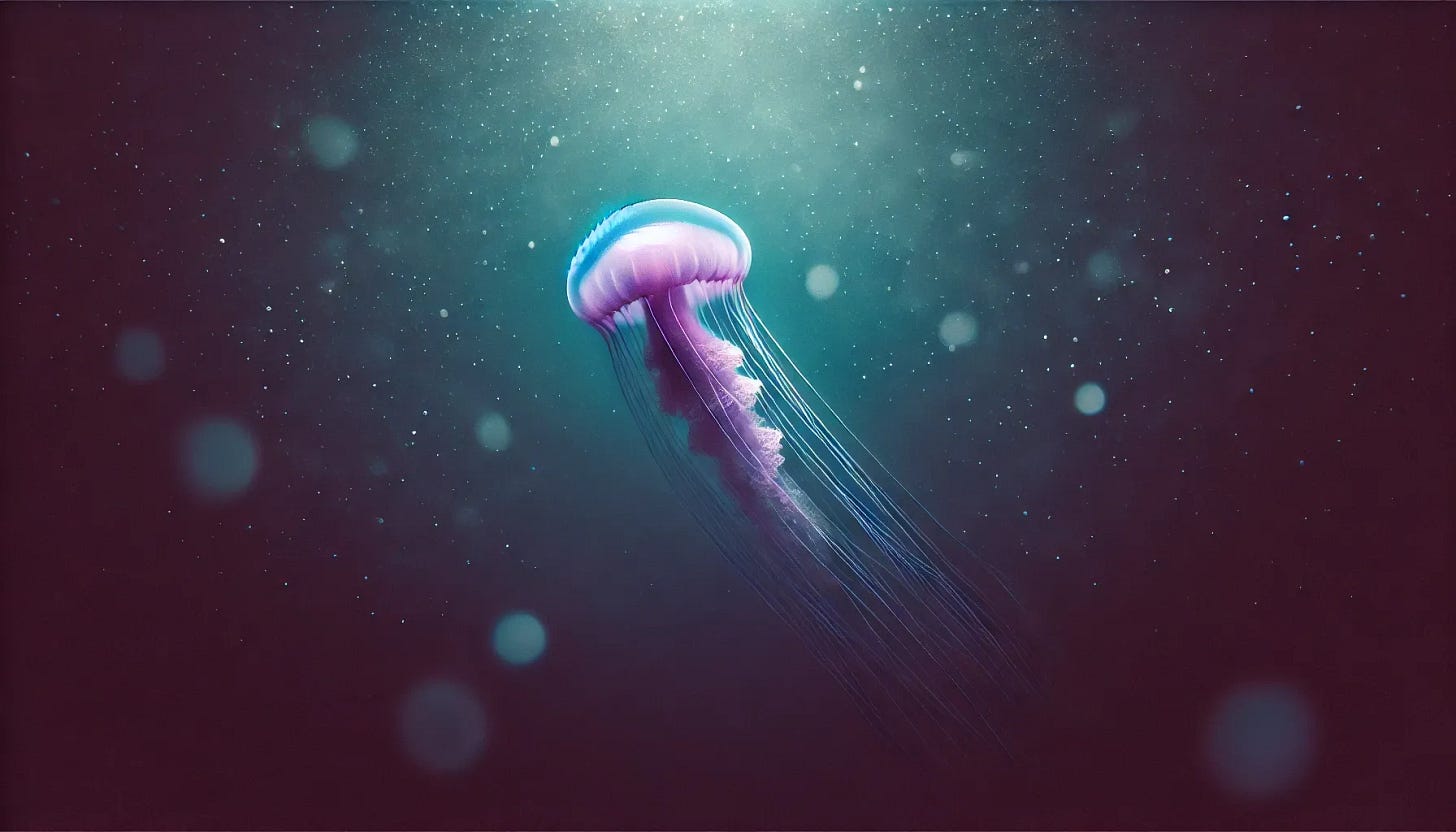 A single long jellyfish floating below the ocean with a dreamlike effect. The background is blurred and dark, creating a simplistic yet serene atmosphere. The jellyfish glows softly with a stronger emphasis on purples, blending with subtle blues to maintain a sense of tranquility and elegance. Its delicate tendrils drift effortlessly in the water, and the lighting remains gentle and ethereal, enhancing the dreamlike ambiance.