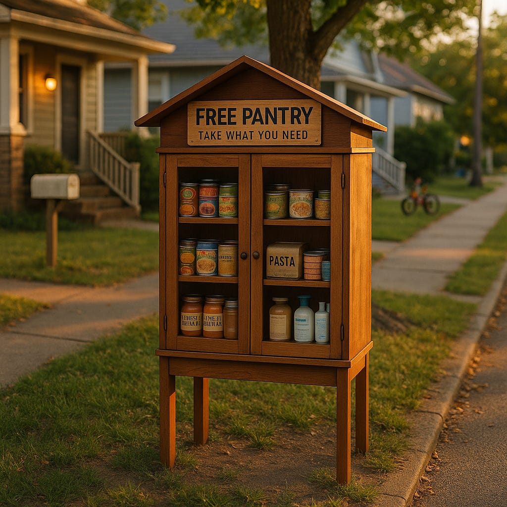 Outdoor community pantry cabinet on a neighborhood street, filled with food staples and labeled “Free Pantry — Take What You Need.”