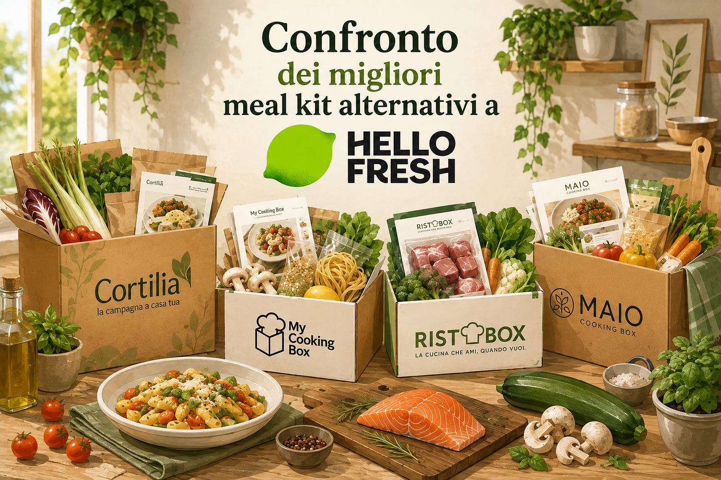 Illustrazione di confronto tra meal kit alternativi a HelloFresh, con Cortilia, My Cooking Box, RistoBox e MAIO Cooking Box, ingredienti freschi e box per ricette.