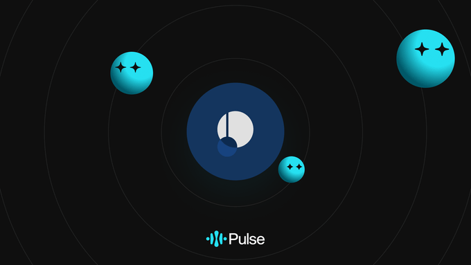 Abstract design on black background with central blue circle containing white half-moon shape, surrounded by smaller cyan circles with white star-like sparkles, and Pulse watermark at bottom right.