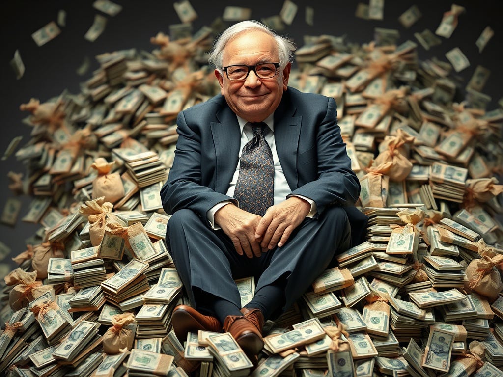 Photo-realistic, humorous image of Warren Buffett sitting on a huge pile of cash and money bags, smiling mysteriously, high quality, detailed