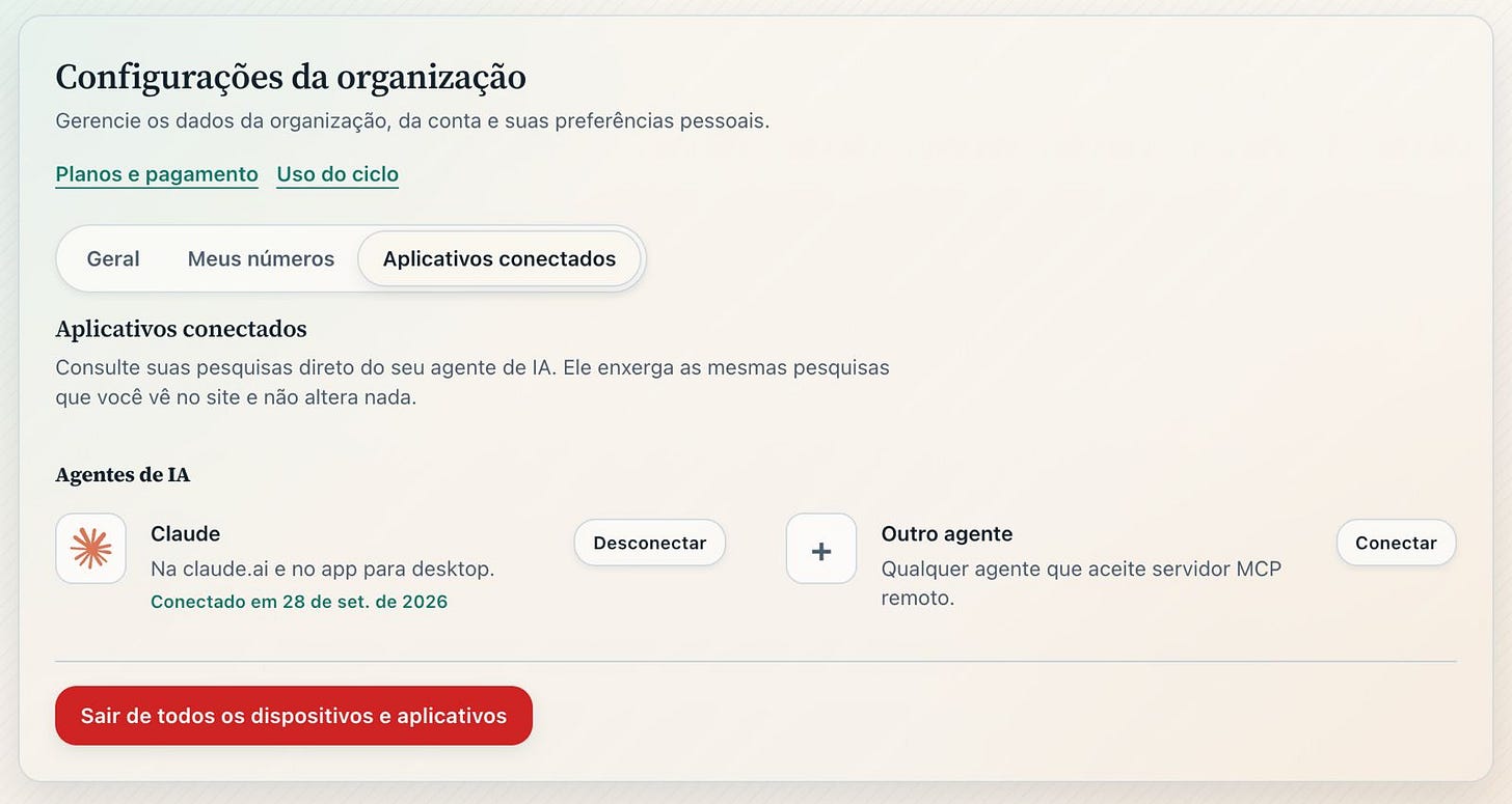 Captura de tela das configurações de organização exibindo a aba de aplicativos conectados com a integração do Claude e a opção para adicionar outros