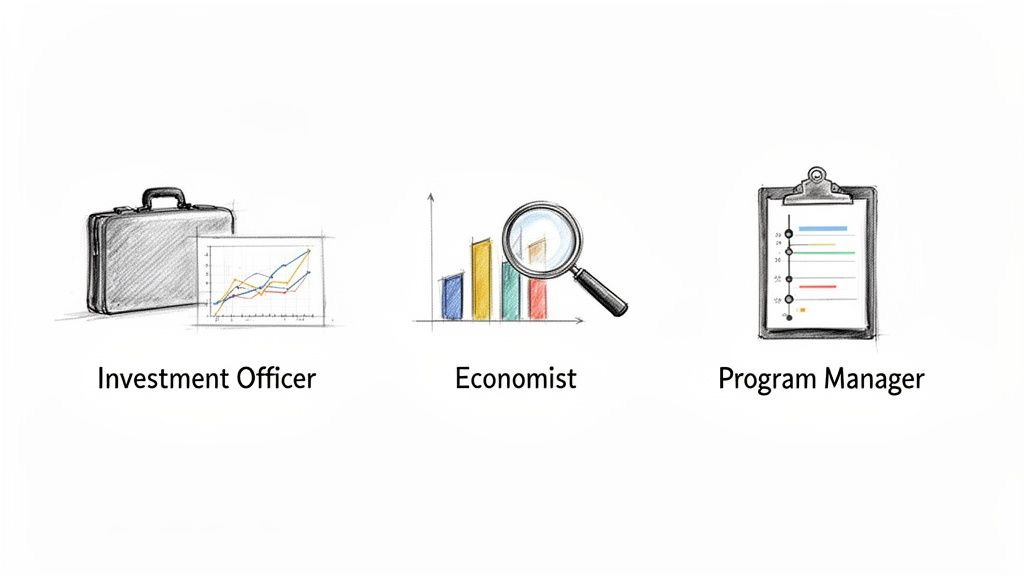Illustrations depicting three professional roles: Investment Officer, Economist, and Program Manager with their representative icons.