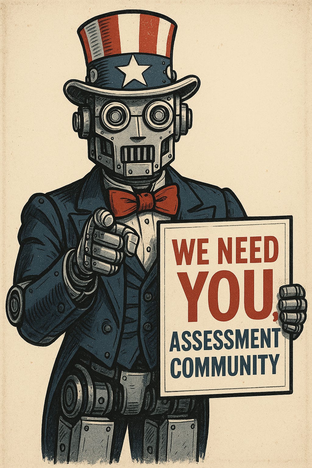 A poster in the style of Uncle Sam but with a robot who looks like Uncle Sam and holds a sign that says, "We need you, Assessment Community!"