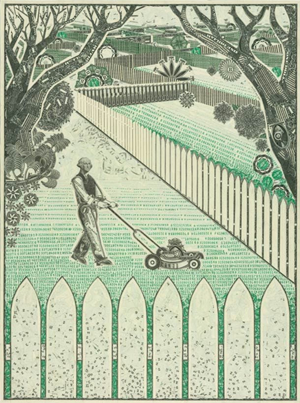 This may contain: an illustration of a man pushing a lawn mower in front of a white picket fence