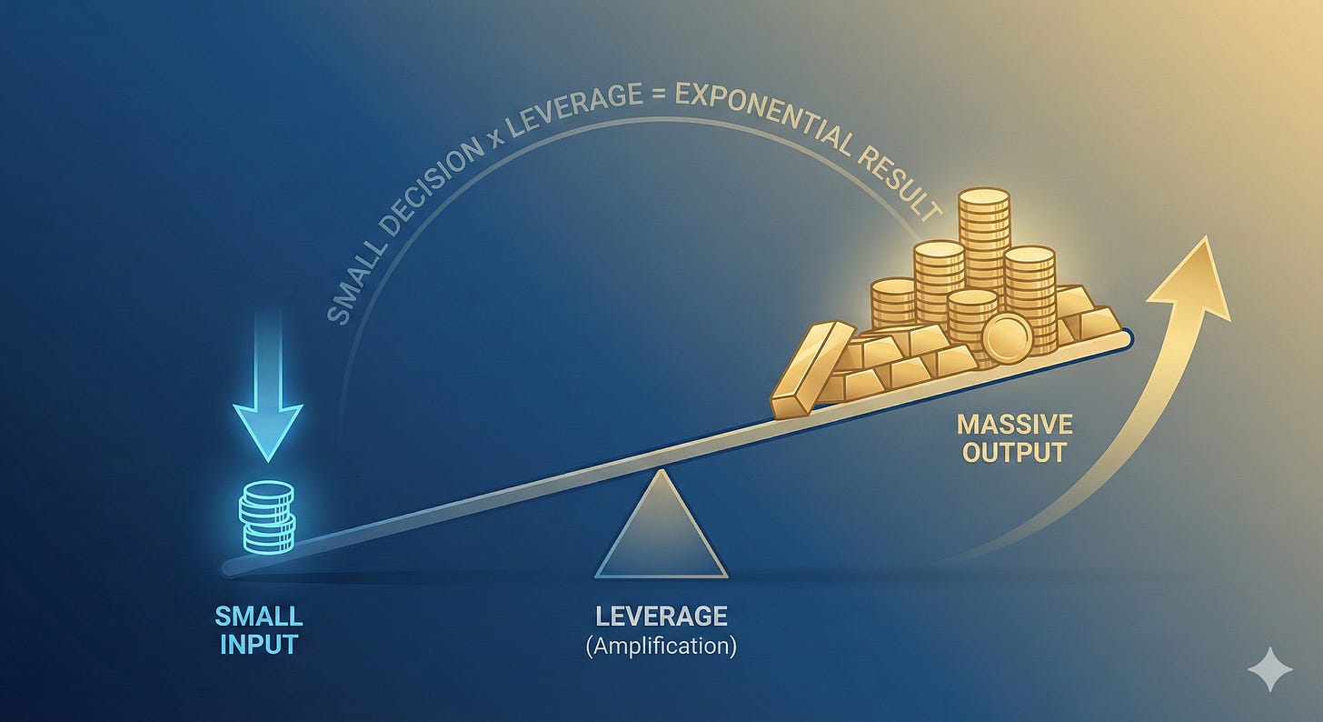 Diagram showing how small inputs with leverage create massive financial output.