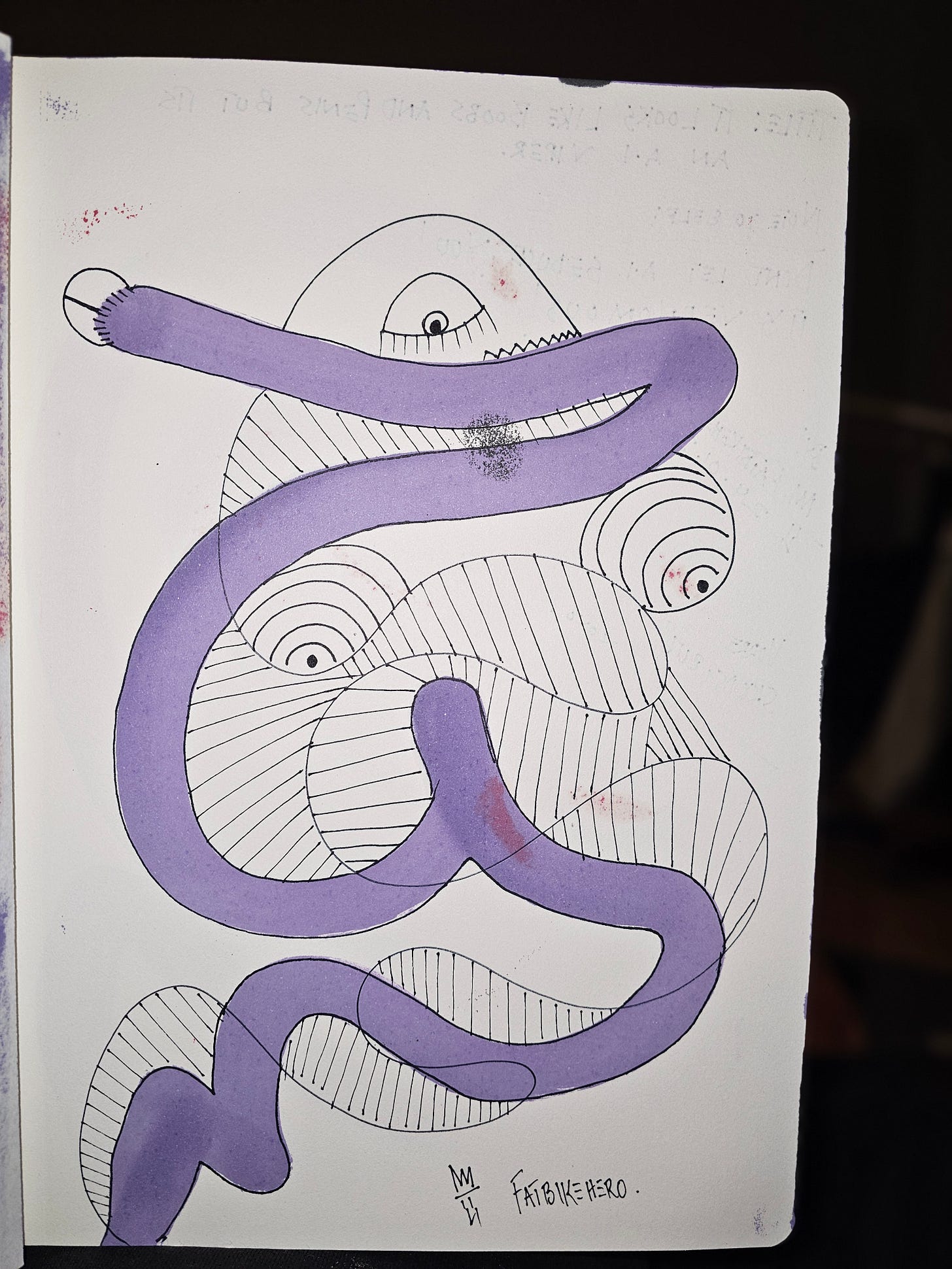 Alt Text:   * Front: "Abstract ink and marker drawing by FatbikeHero (b. 1983) titled 'A.I. Viper'. A thick purple snake winds through black and white hatched geometric shapes resembling eyes and organic forms."