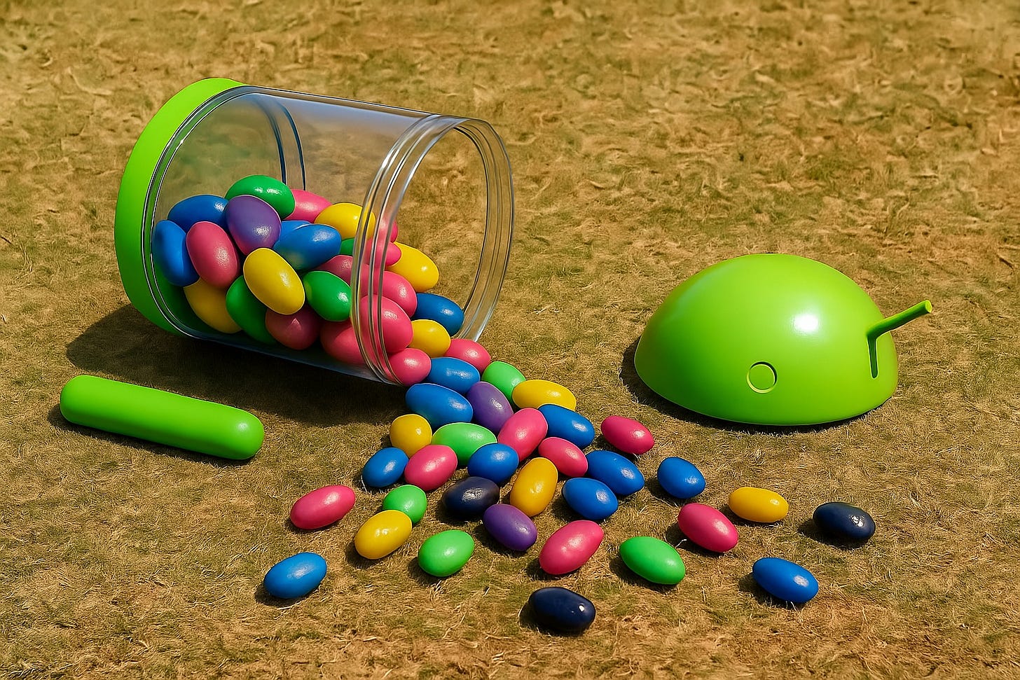 The Android Jelly Bean statue on the lawn, tipped over, head-dome askew, jelly bean contents spilled out. The Android Jelly Bean statue on the lawn, tipped over, head-dome askew, jelly bean contents spilled out.