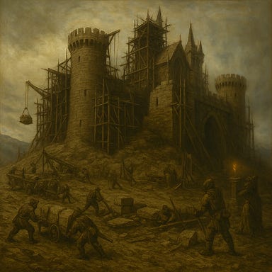 Create a gothic fantasy image of Castle Ravenloft under construction in ancient times, without any tombs or sarcophagi present. Show the castle partially built atop a mountain ridge, with scaffolding, cranes, and stonecutters at work. The architecture should reflect early Barovian design—tall spires, pointed arches, and heavy stonework. Mages and engineers in medieval robes oversee the construction, some using magic to lift stones or inscribe runes. The sky is overcast, with mist curling around the cliffs. Workers in armor and tunics haul materials, and the foundation of the central keep is visible. The atmosphere is ambitious, eerie, and monumental, capturing the birth of a cursed fortress.