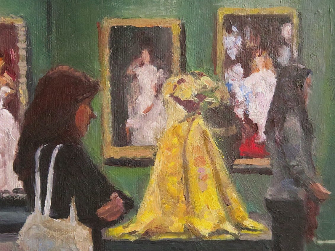 A painting of a person looking at a painting of a person

Description automatically generated