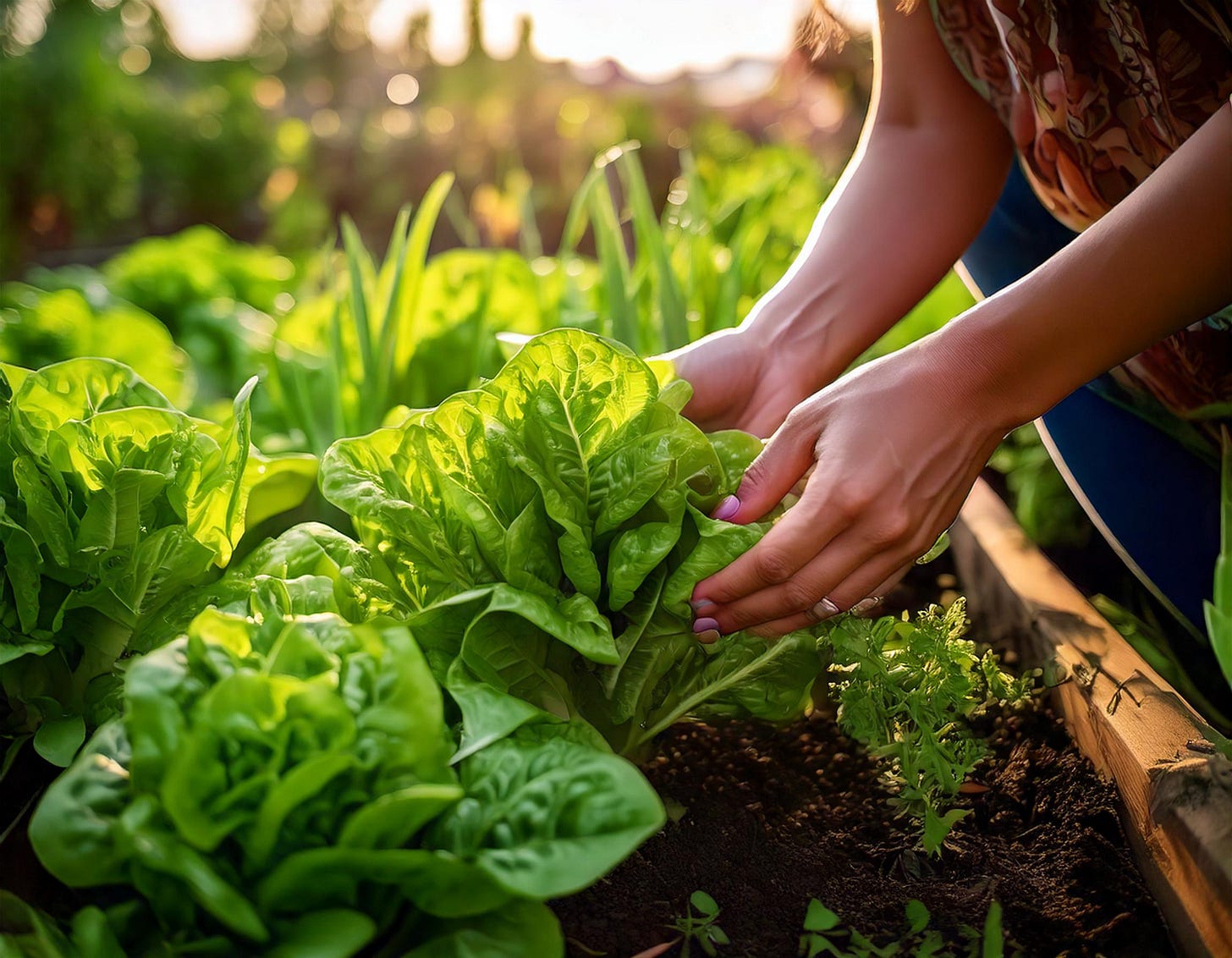 Hands gently harvesting fresh lettuce from a garden bed at sunrise, with sunlight illuminating the bright green leaves and surrounding plants.