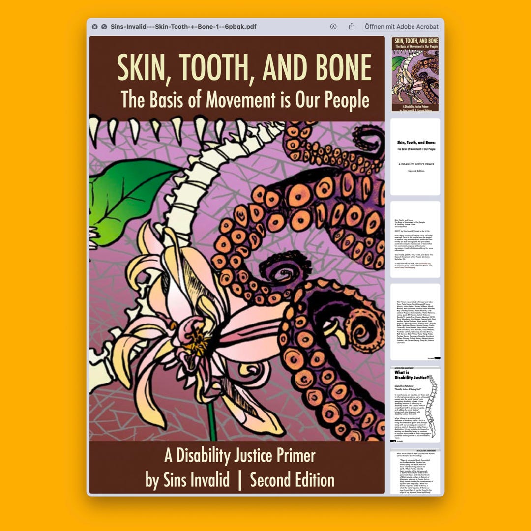 On a colorful background, a screenshot of the named .pdf is shown. It is an illustrated book cover with a purple background, showing intertwined parts of a spine, a row of sharp teeth, tentacles and a flower.