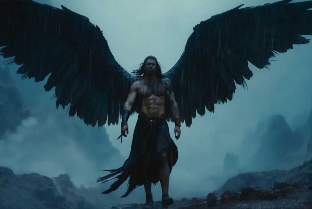 A still from Amazon’s 'House of David', showing a muscular warrior with long hair and enormous black wings standing in the rain. Set against a stormy, mountainous backdrop, the character appears powerful and mythic. This shot is part of a sequence created using generative AI tools.