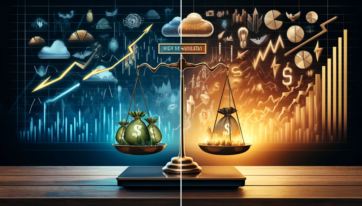 A blog image illustrating the comparison between high dividend and high volatility options. The image should have a split-screen design. On the left, depict a calm, steady financial growth with symbols of dividends such as dollar signs, money bags, and graphs showing upward trends. On the right, show a more chaotic, fluctuating financial scene with symbols of volatility like jagged graphs, lightning bolts, and arrows pointing in various directions. Include a background of a stock market chart and a balance scale in the center to symbolize comparison.