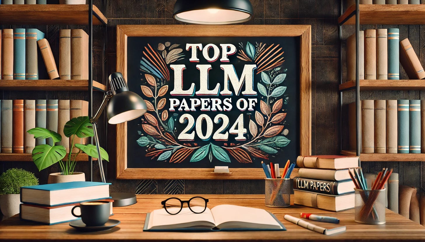 A visually appealing widescreen image with the text 'Top LLM Papers of 2024' displayed on a chalkboard. The scene includes a cozy study desk setup with books, pens, a plant, and a coffee cup. The background has a dark academic vibe with wooden accents, creating a scholarly and modern aesthetic. The text on the chalkboard is colorful and written in a playful, chalk-like font.