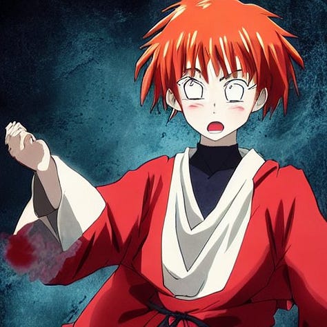A series of images where Hatori Chise is displayed in confident fighting poses with red spiky hair