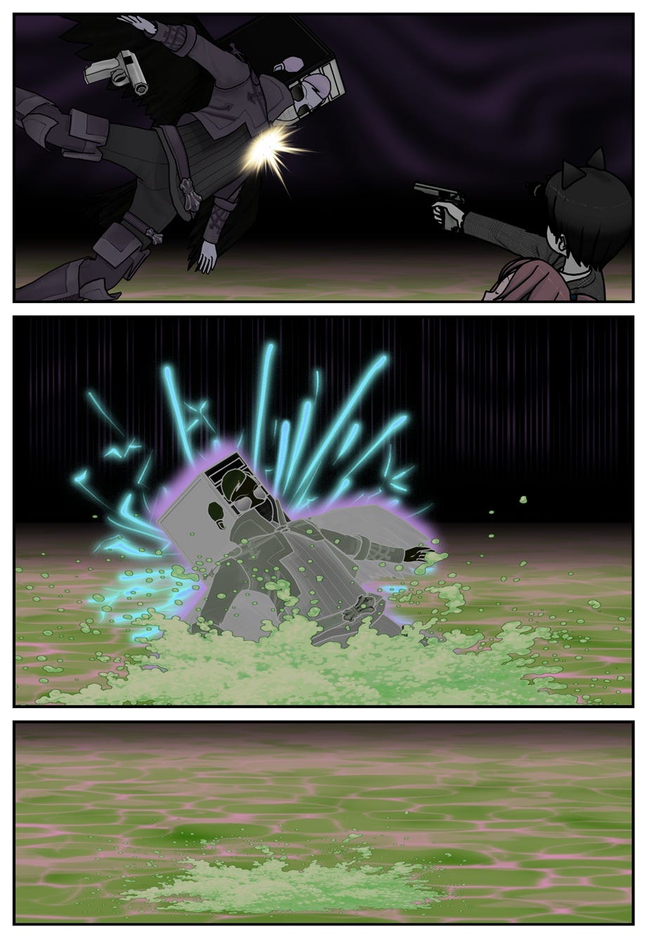 Ace shoots first and hits the enemy robot, which falls into the acid with glowing sparks.