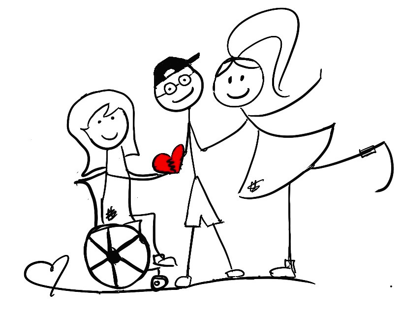 Disability Writer, stick figure Lilly is with her disabled friends holding a heart. Disability Writer, stick figure Lilly is with her disabled friends holding a heart.