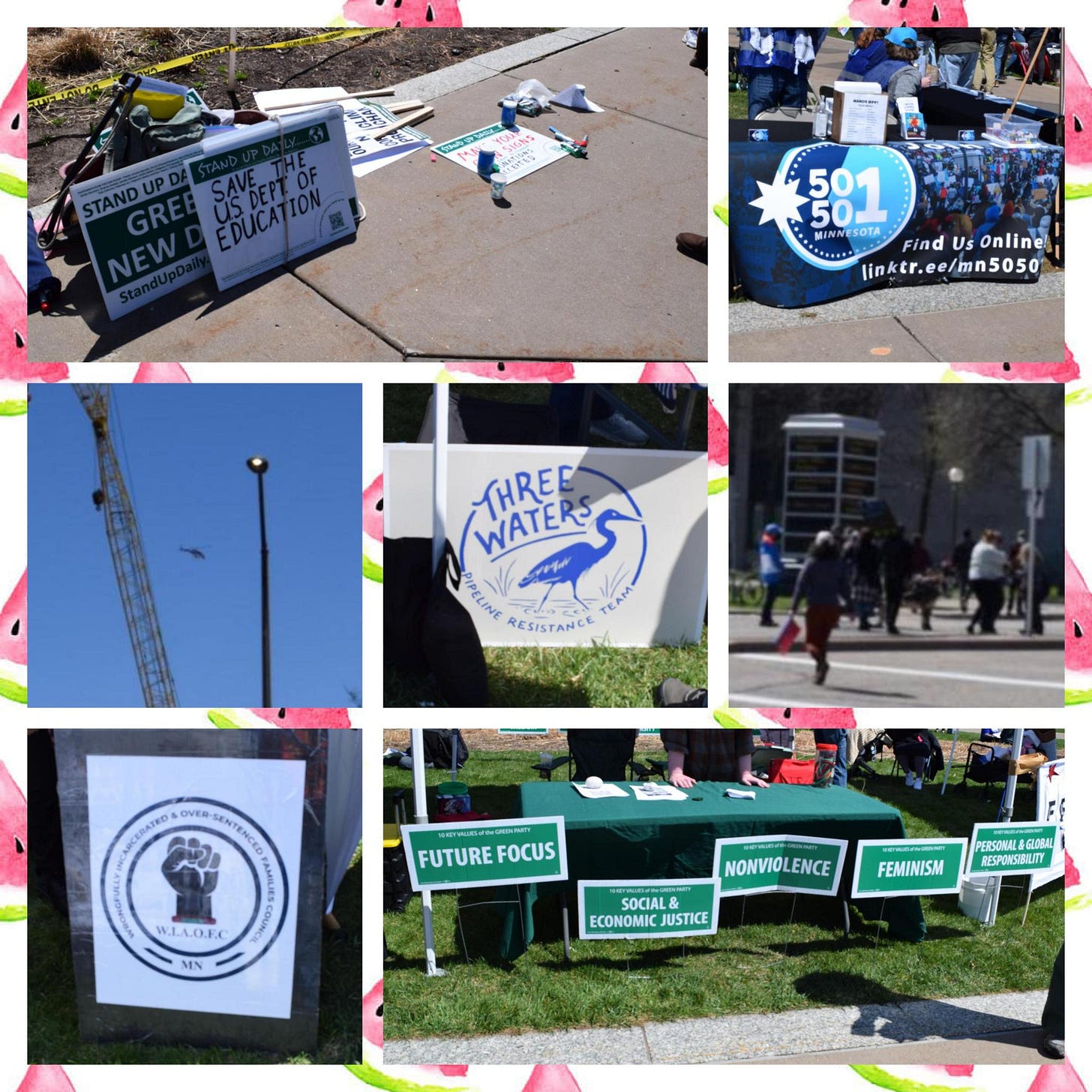 A collage of photos of the area where you can make your own signs, the 50501 table, a crowd of people near a live donkey on the street, the Three Waters Pipeline Resistance Team sign, a helicopter flying overhead with a crane in the shot, the logo with Wrongfully Incarcerated and Over-sentenced Families Council of MN, and lots of signs in front of the Green Party tent that say FUTURE FOCUS, SOCIAL & ECONOMIC JUSTICE, NONVIOLENCE, FEMINISM, AND PERSONAL & GLOBAL RESPONSIBILITY. A collage of photos of the area where you can make your own signs, the 50501 table, a crowd of people near a live donkey on the street, the Three Waters Pipeline Resistance Team sign, a helicopter flying overhead with a crane in the shot, the logo with Wrongfully Incarcerated and Over-sentenced Families Council of MN, and lots of signs in front of the Green Party tent that say FUTURE FOCUS, SOCIAL & ECONOMIC JUSTICE, NONVIOLENCE, FEMINISM, AND PERSONAL & GLOBAL RESPONSIBILITY.