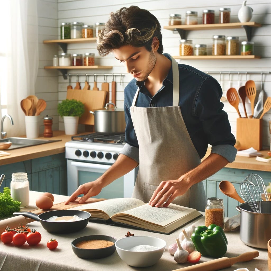 Imagine a beginner chef standing in a kitchen, surrounded by various cooking ingredients spread out on a counter. This chef is intently focused on a couple of open recipe books, meticulously following the instructions. The kitchen is bright and welcoming, filled with utensils like pots, pans, a wooden spoon, and a whisk, hinting at the chef's eagerness to learn and experiment with different culinary techniques. The chef wears a simple apron, symbolizing their novice status, but their expression is one of determination and curiosity, eager to absorb every bit of knowledge from the recipes.