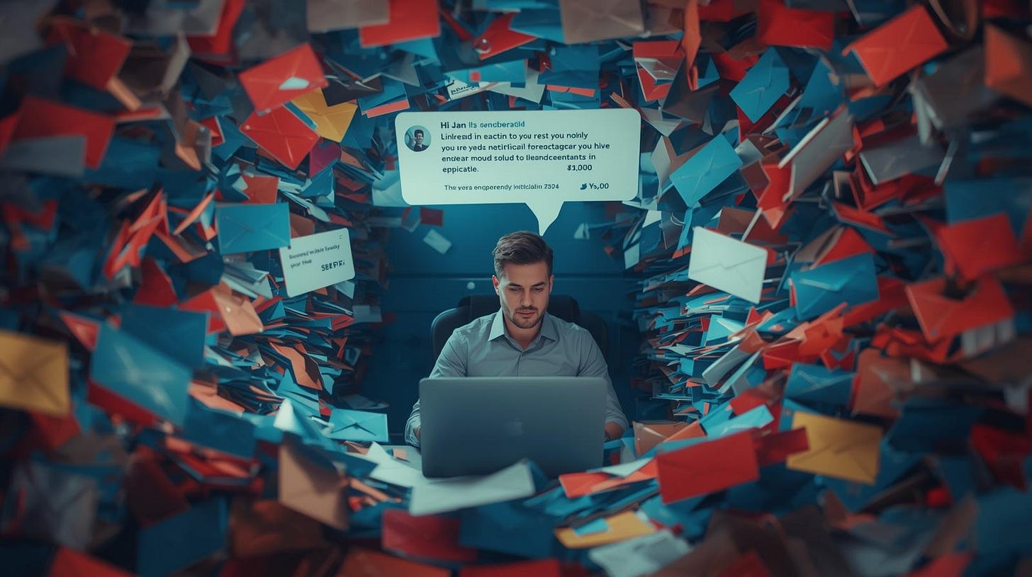 A cluttered LinkedIn-style inbox filled with unread message notifications and message bubbles stacked high. In the center, a person sits calmly at a laptop, confidently typing despite the chaos. Above them, a floating text bubble displays a polished LinkedIn post. The edges of the image feature icons representing LinkedIn interactions, including greetings, job offers, connection requests, and engagement metrics.