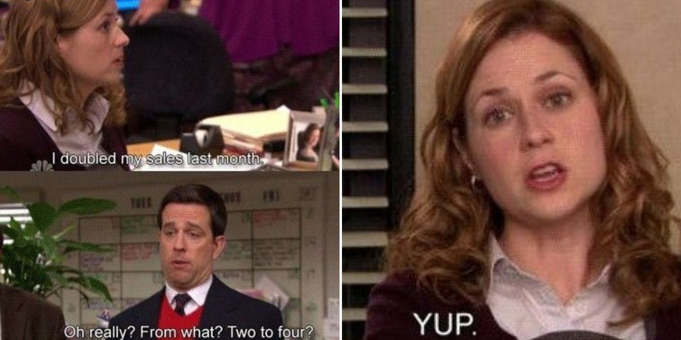 Pam doubled her sales on the office while talking to andy