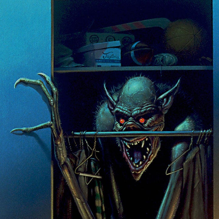 LEFT: Detail from BOOGEYMAN featuring a tall, slender creature emerging from the closet of a child's bedroom. A low bookcase cuts off at the right edge of the panel. A transformer stands on top with a framed picture of the Loch Ness monster hanging just above. The wall is lit by a nightlight from off-panel below. RIGHT: Close detail from BOOGEYMAN featuring the wicked grin and glowing red eyes of the creature seen behind the closet rod with clothes and hangers pushed aside. Sports equipment, a hockey stick, football, and shoebox lined the shelf above. Farther back a box is decorated with the artist's sigil, the stylized letters M and W combined within a circle, along with a copyright symbol, and the date "86".