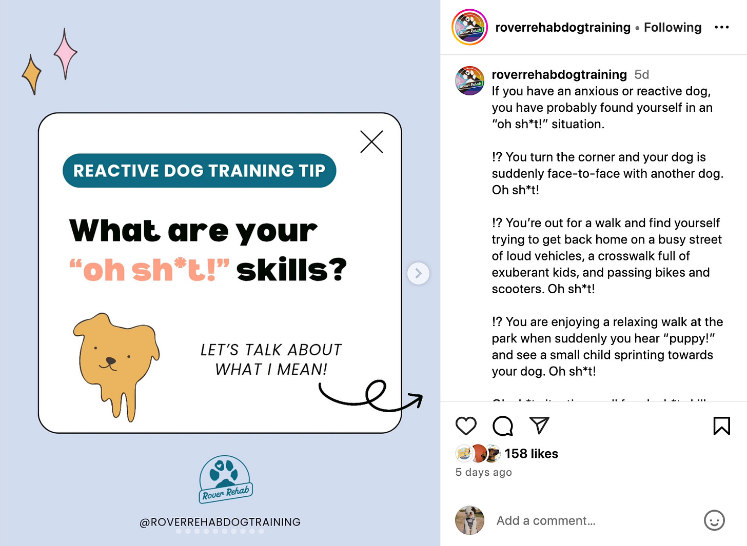 screenshot of ig carousel post on oh shit skills for handling reactive dogs from @roverrehabdogtraining
