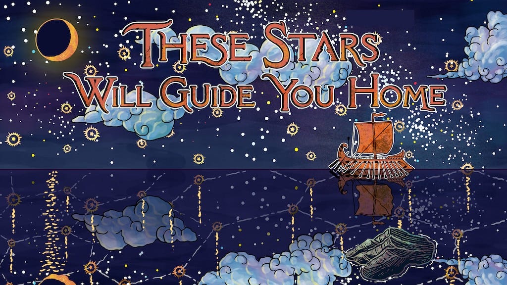 The cover image for These Stars Will Guide You Home, showing a viking-style boat sailing on an ocean