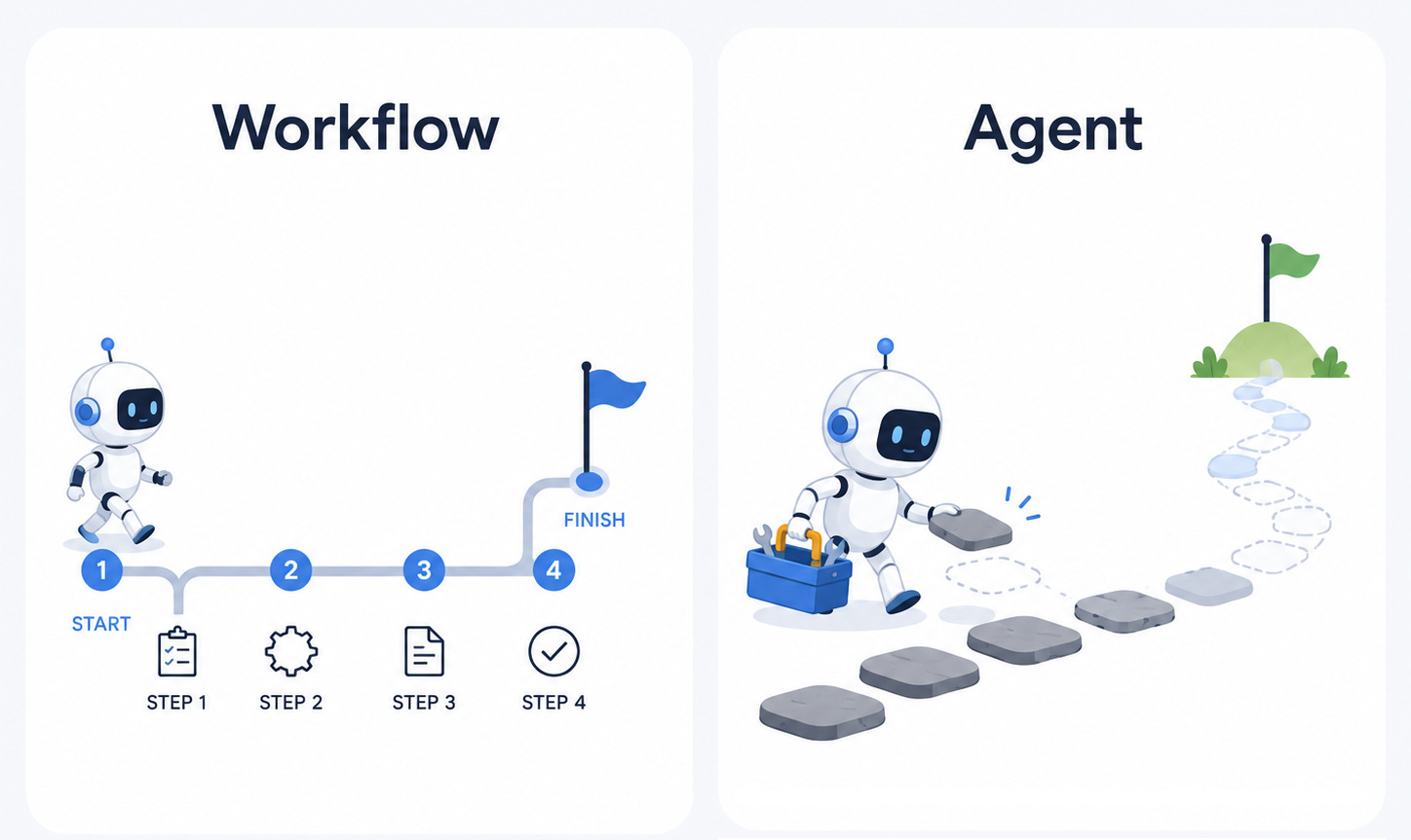 Illustration comparing an AI workflow following fixed steps with an AI agent building its own path. Illustration comparing an AI workflow following fixed steps with an AI agent building its own path.