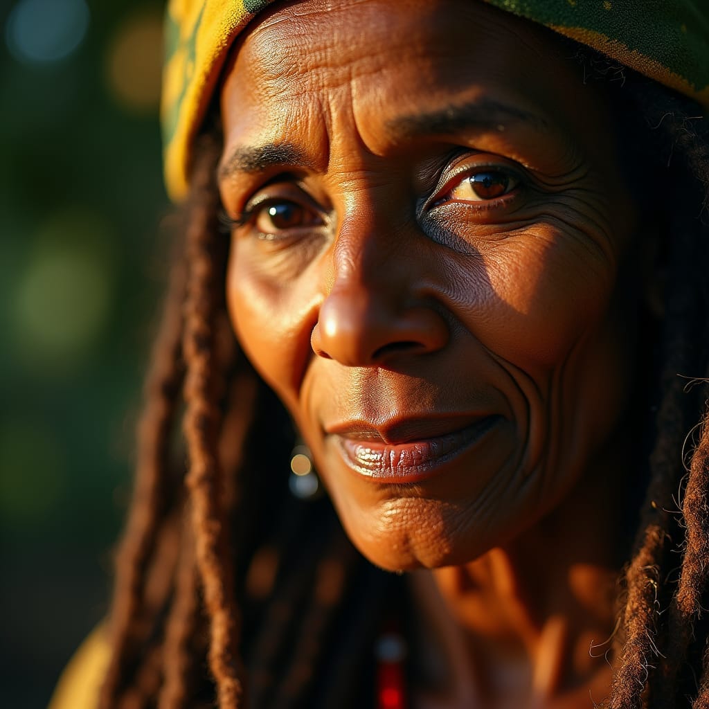 Close-up portrait of a stunning, aged Jamaican woman with a strong, wise face, adorned with dreadlocks and Rastafarian attire, her warm, golden-brown skin glowing with a soft, cinematic light