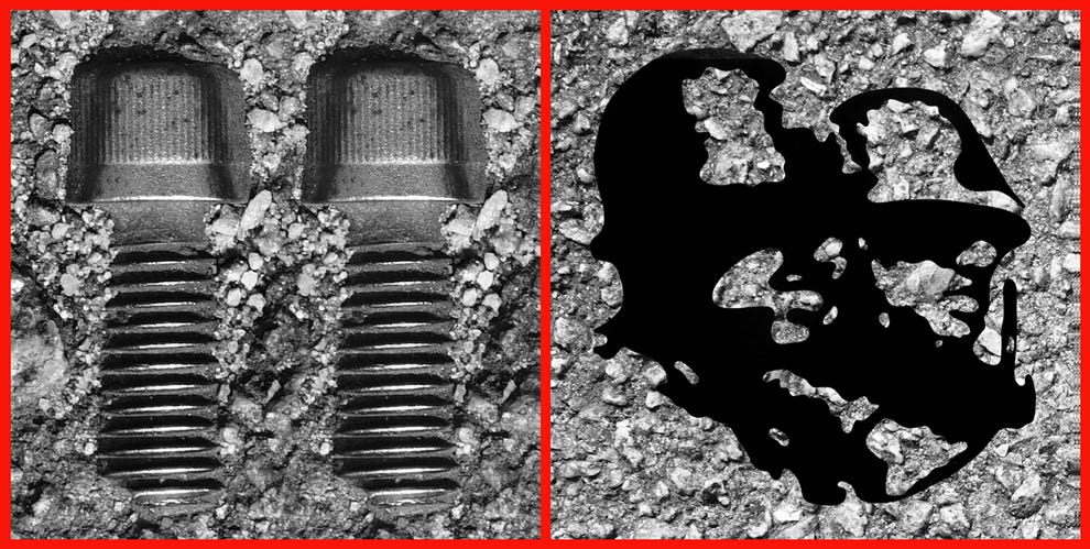 Imagem composta por duas fotografias em preto e branco com moldura vermelha: à esquerda, dois pneus de veículo lado a lado sobre superfície de terra e cascalho; à direita, silhueta negra de um rosto humano em perfil sobre fundo de terra e rochas.