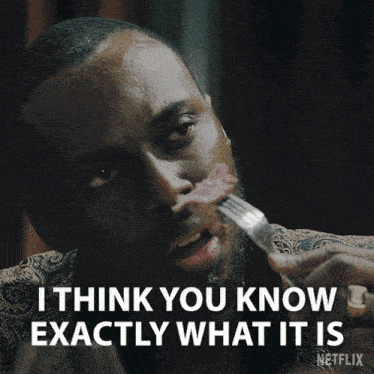 a man eating a piece of meat with the words " i think you know exactly what it is " above him