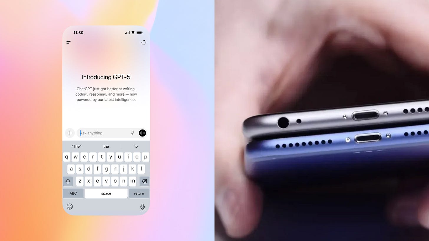Split image showing two examples of technology shifts: on the left, a smartphone screen displaying the ChatGPT app introducing GPT-5, with text about improved writing, coding, and reasoning; on the right, a close-up of two iPhones stacked together, one with a 3.5mm headphone jack and one without.