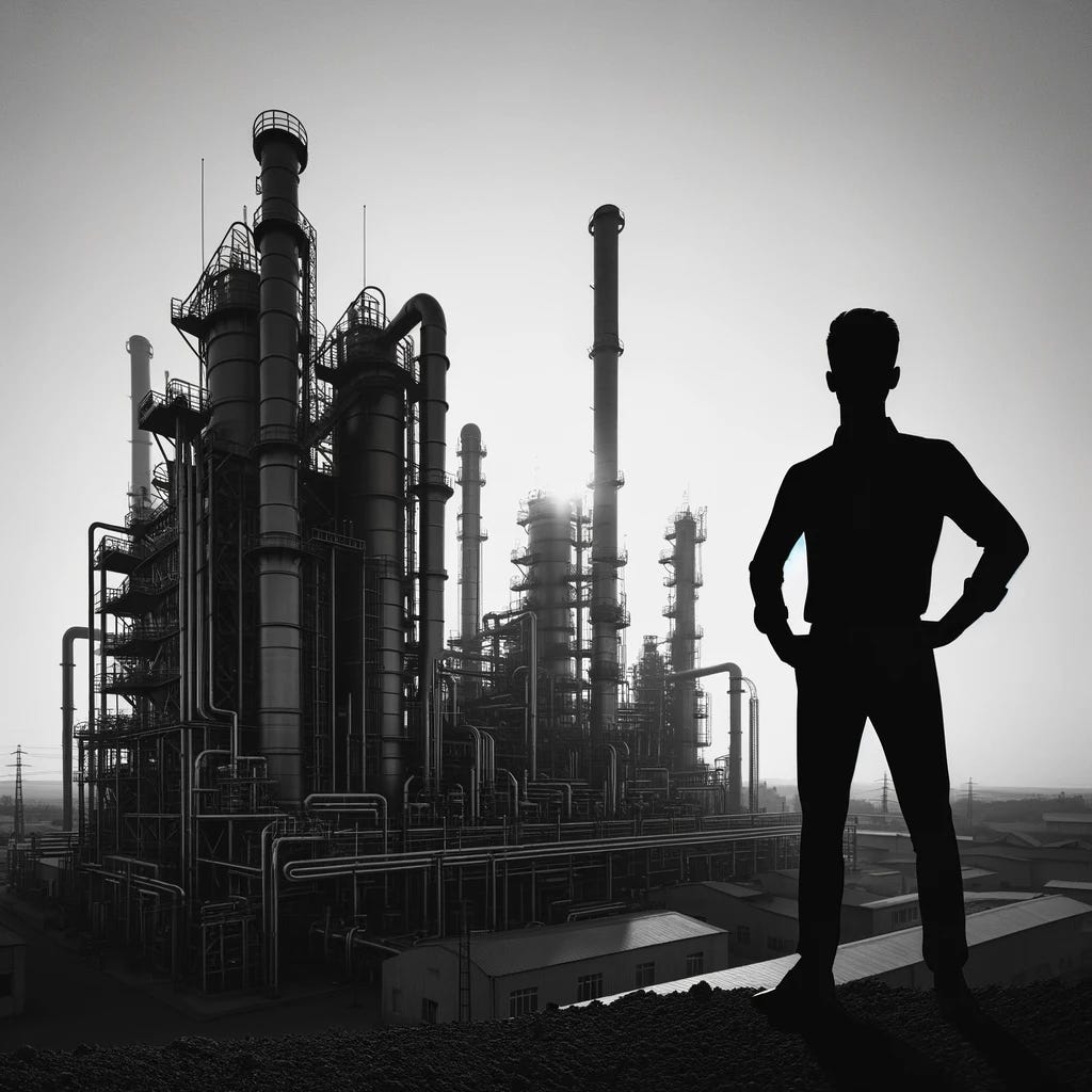 A silhouette of a man standing in front of a tomato paste factory. The factory is large with industrial equipment visible, like pipes and smokestacks. The background shows a clear sky. The silhouette of the man is in the foreground, creating a contrast with the detailed and complex factory in the background.