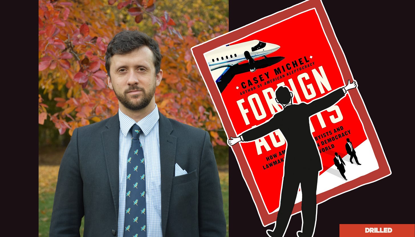 A photo of Casey Michel and the cover of 'Foreign Agents.'