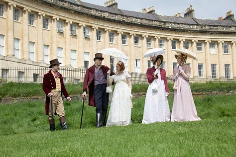 Models in regency dress enjoy the accomodations at the Gainsborough Bath Spa, high tea, a chat beside the spa, a walk through Bath, lounging on a shady Georgian stoop, a stroll through the city, a countryside walk, a visit to the Royal Crescent, and a drink at the Gainsborough bar