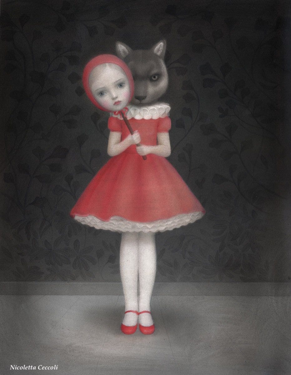 The many faces of “Little Red Riding Hood” by contemporary artists Nicoletta  Ceccoli, Barbara Hranilovich, Graham Franciose, Esther Gomez.  #illustrationartists #FairyTaleTuesday