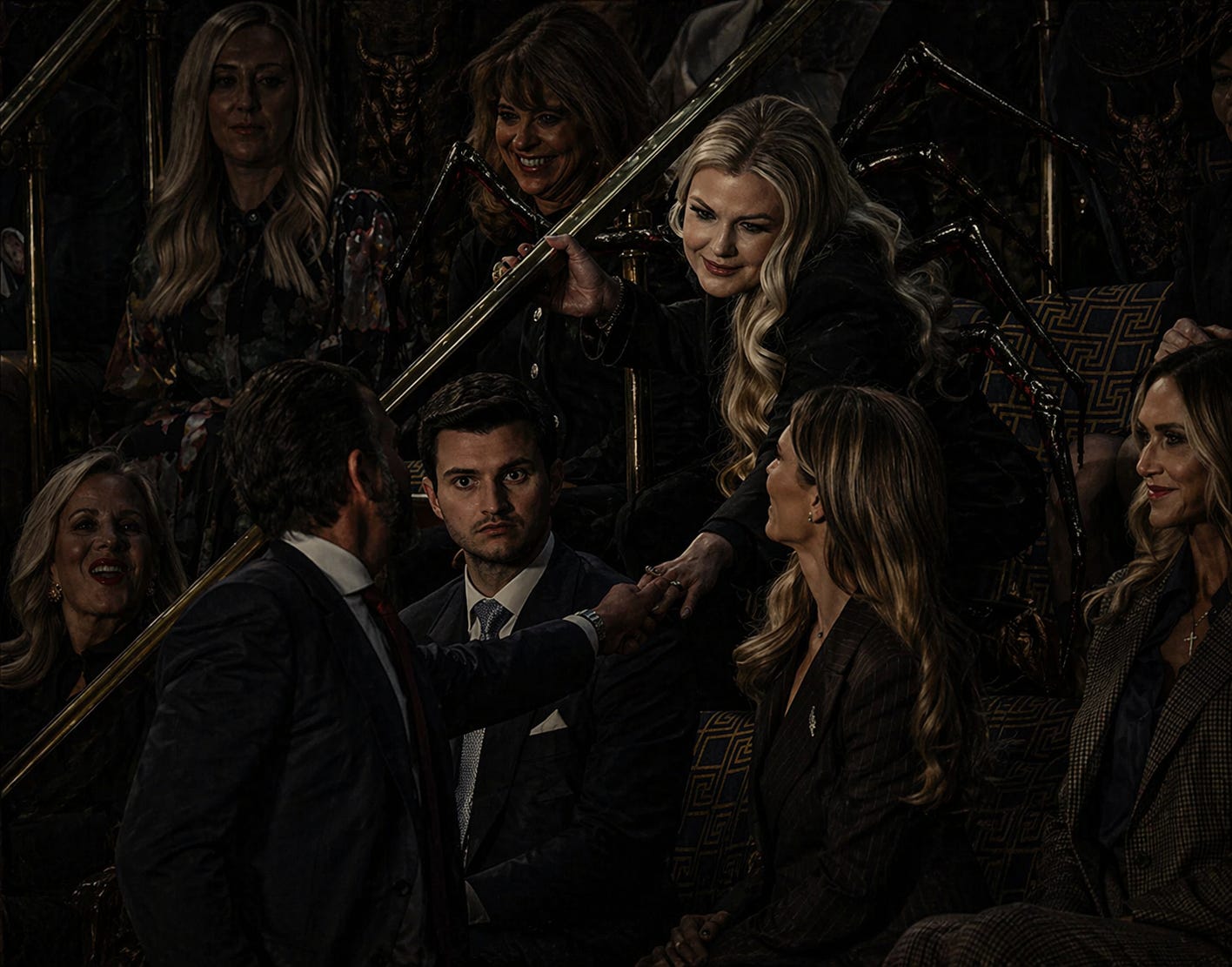 This image captures Erika Kirk in Black Widow form at the point where contact becomes transfer. The hand extended to JD Vance, the fixed gaze, the bodies arranged around them — all of it suggests more than greeting. It looks like inheritance under pressure: the next man being drawn near while the wider machinery of sacrifice and obedience remains intact.