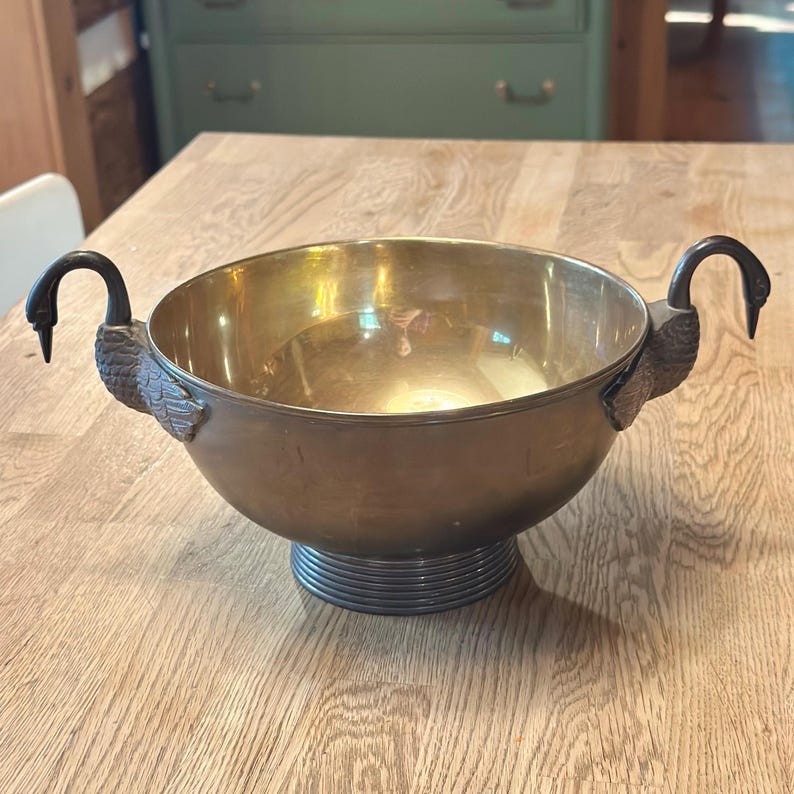 Vintage Brass/Silverplate Goose Handle 8” Decorative Bowl Made in India image 2