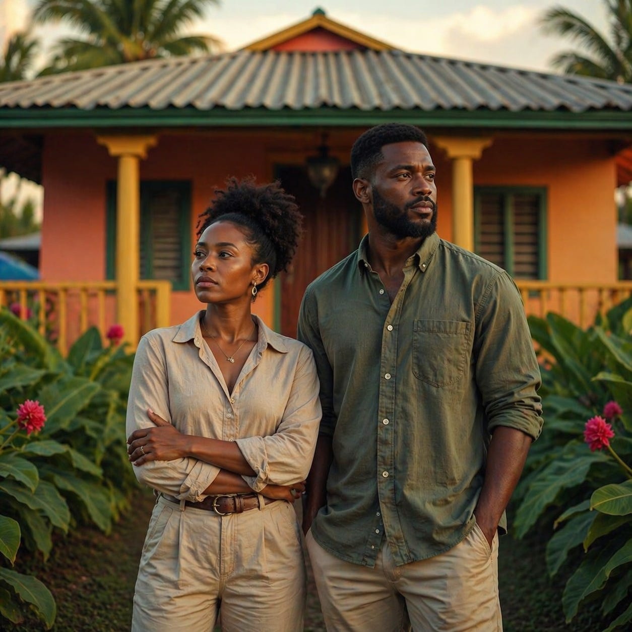 A couple stands outside their home, reflecting the growing pressure many Jamaicans face as rising costs tighten access to property ownership.