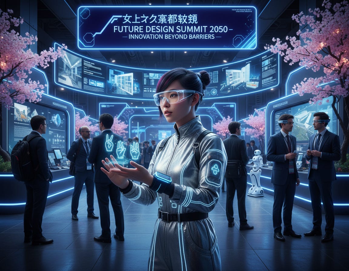 A futuristic rendering of a woman using holographic sign language gestures at the Future Design Summit 2050. A futuristic rendering of a woman using holographic sign language gestures at the Future Design Summit 2050.