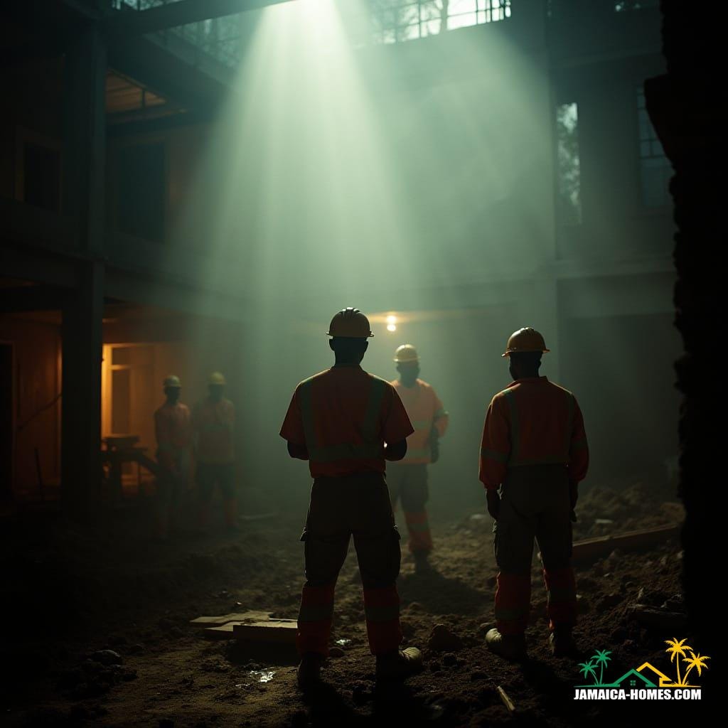 Cinematic film still of beautiful Jamaican builders working diligently on a construction site, bathed in dramatic, atmospheric cinematic lighting. Shot on a v-raptor XL with 35mm film, showcasing rich film grain and a subtle vignette. The image is color-graded and post-processed to perfection, capturing a high-quality, epic, and stunning masterpiece of live-action.